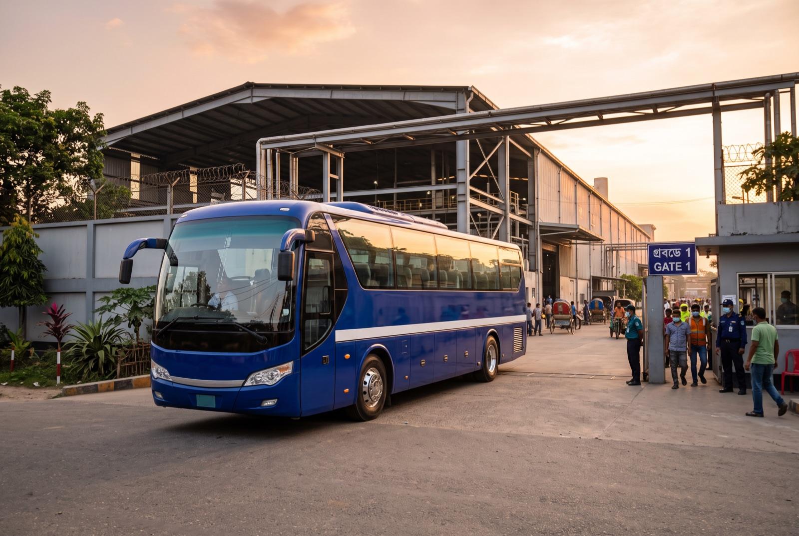32-seat bus, side view at the factory gate